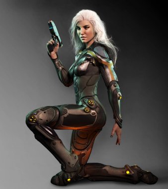 Uzay Assassin veya Sci Fi savaşçı kadını beyaz saçlı ve silah