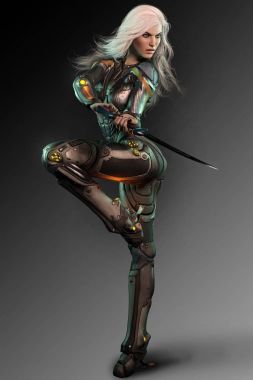 Uzay Assassin veya Sci Fi savaşçı kadını beyaz saçlı ve kılıç