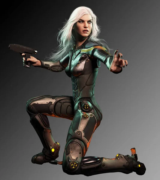 Assassin Espace Femme Guerrière Science Fiction Avec Cheveux Blancs Pistolet — Photo