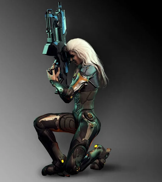 Assassin Espace Femme Guerrière Science Fiction Avec Cheveux Blancs Fusil — Photo
