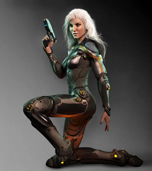 Космический Убийца Sci Warrior Woman White Hair Gun — стоковое фото