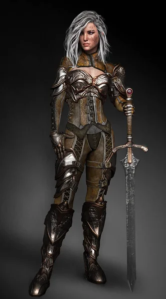 Tired Female Warrior Knight Battle Sword — Stock Photo, Image