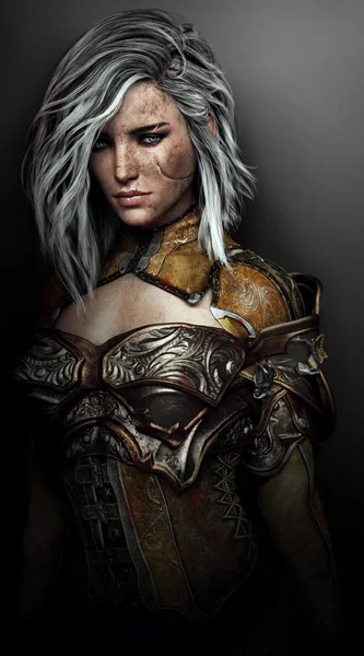 Tired Female Warrior Knight After the Battle, Closeup