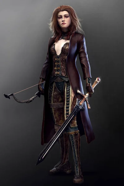 Fantasy Elvish Warrior Femme Long Manteau Cuir Avec Épée Arc — Photo