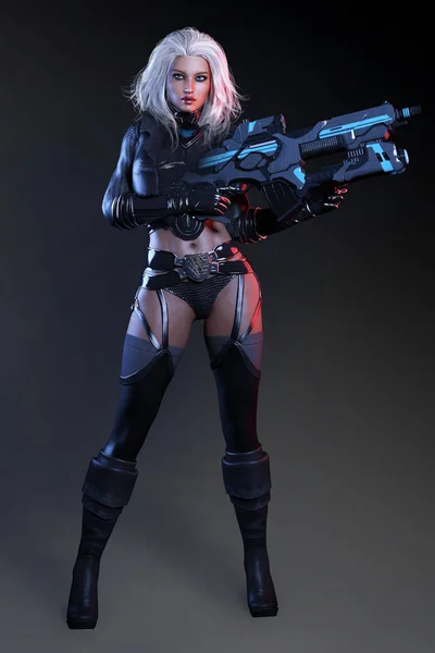 Sexy Sci Woman Big Gun Space Armor — Stock Photo, Image