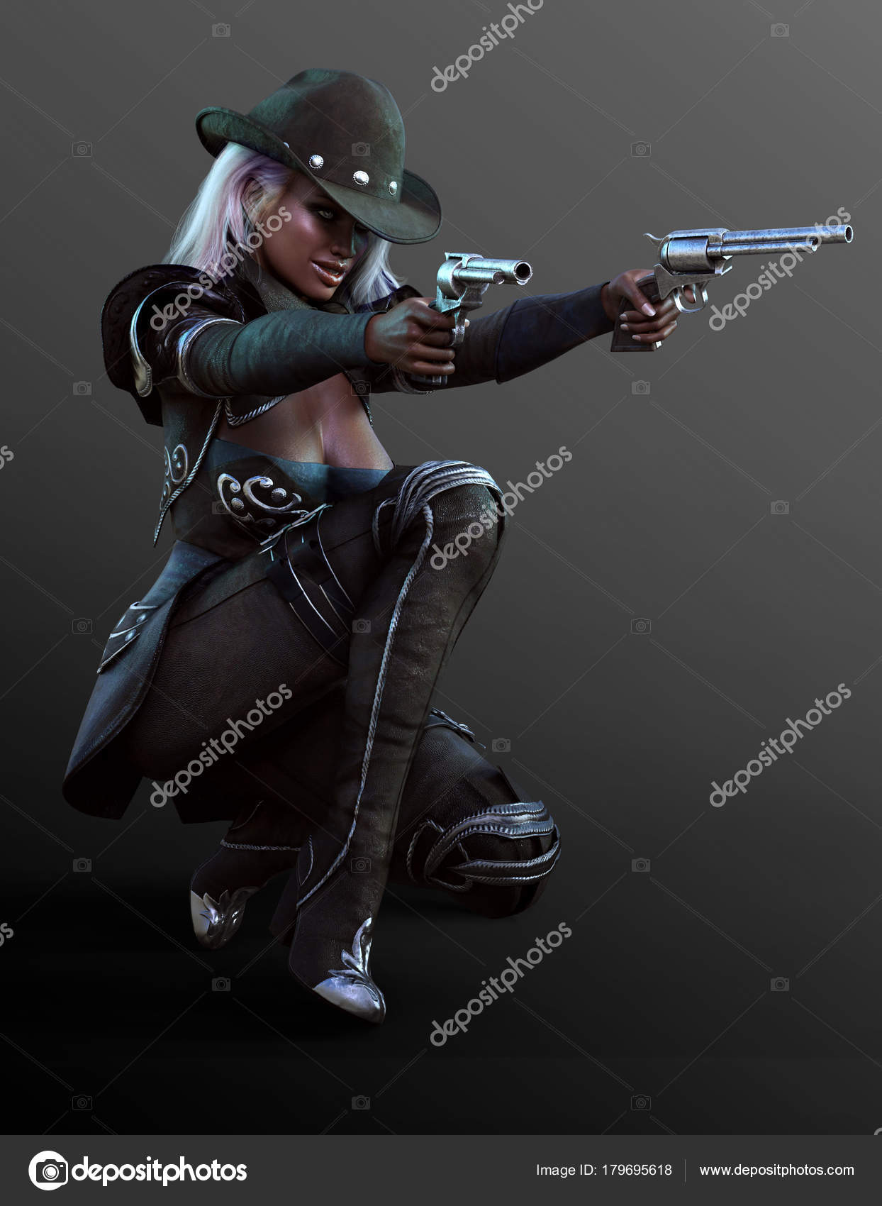 Blonde Gunslinger Fantasy Bounty Hunter Gun Crouching Stock Photo by  ©Ravven 179695618