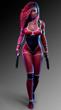 Kırmızı ve siyah deri Catsuit silahlı Sci Fi seksi alan katil