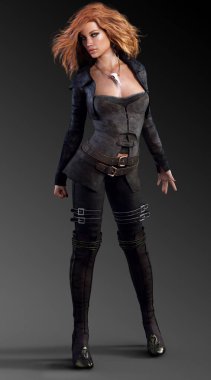 Siyah deri, savaşçı veya Assassin giymiş güzel kentsel fantezi kadın
