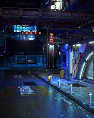 CGI illüstrasyon bilim kurgu Cyberpunk şehir sokak gece