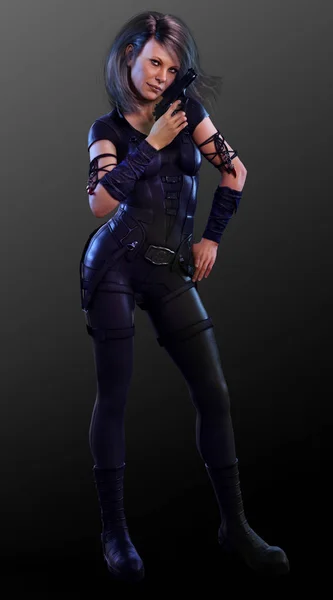 Sexy Mature Female Assassin Black Leather Pistol — Stock Photo, Image
