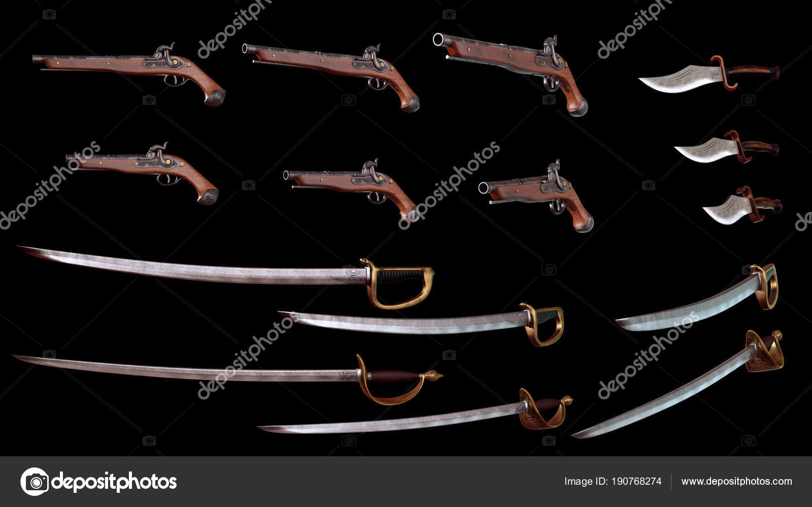 Cgi Armas Piratas Diferentes Ángulos Espadas Armas fotografía de stock