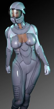 Seksi Sci Fi kadında beyaz uzay giysisi ve kask