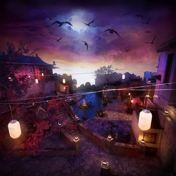 Fantasy Asian Courtyard Night Moon Lantern Light — Stock Photo, Image