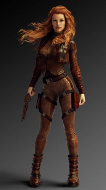 Güzel Steampunk havacı Pilot deri tabanca ile