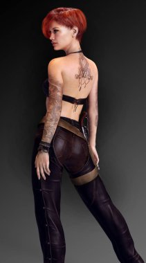 Kısa Kızıl saçlı deri kadında güzel motorcu