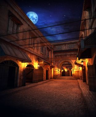 Geceleri Marrakesh Souk CGI illüstrasyon