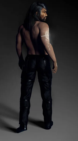 筋肉ファンタジー魔道士または熱烈な入れ墨 上半身裸の戦士 — ストック写真