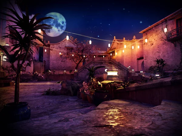 Cgi Illustration Fantasy Asian Courtyard Night — Stock Photo, Image