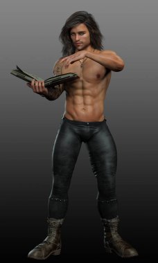 Üstsüz Şehir Fantezisi Deri Pantolon Giyen Erkek Büyücü