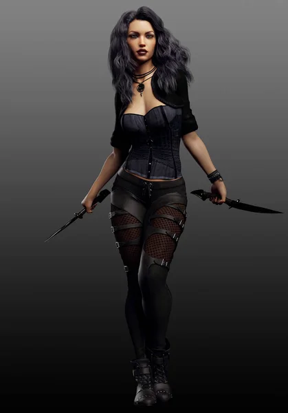 Urban Fantasy Sci Woman Mage Fighter Black Leather — Stock Photo, Image