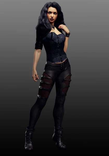 Urban Fantasy Або Sci Woman Mage Або Fighter Black Leather — стокове фото