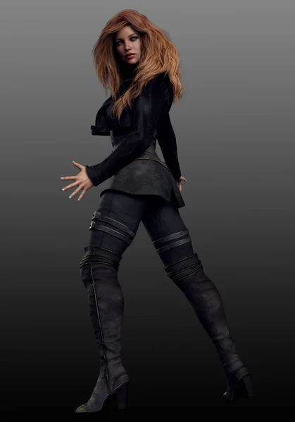Redhaired Urban Fantasy Woman Mage in Black Leather
