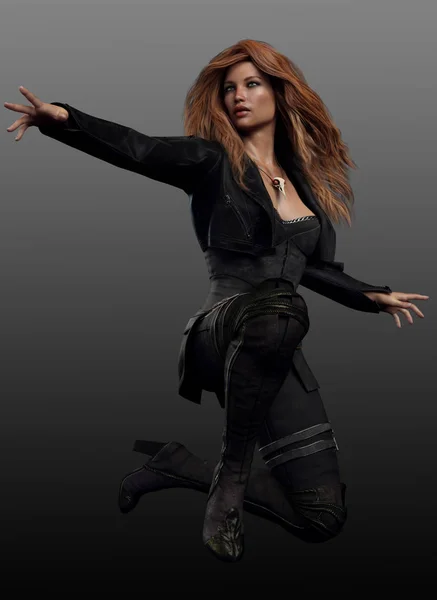 Redhaired Urban Fantasy Woman Mage in Black Leather