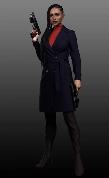 Urban Fantasy Poc Trench Coat Spy Long Side Braids — Stock Photo, Image