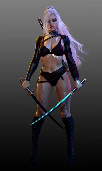 Sfサイバーパンクファンタジー戦士女性ともにデュアルKatanas — ストック写真