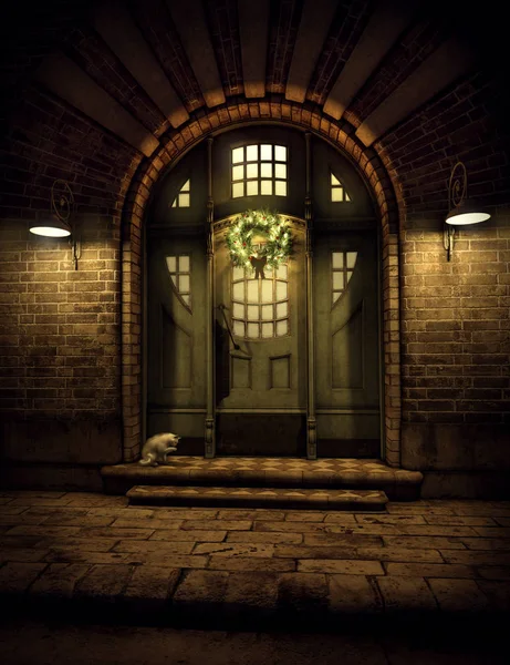 Art Deco Doorway Street View Xmas Wreath Cat — стокове фото