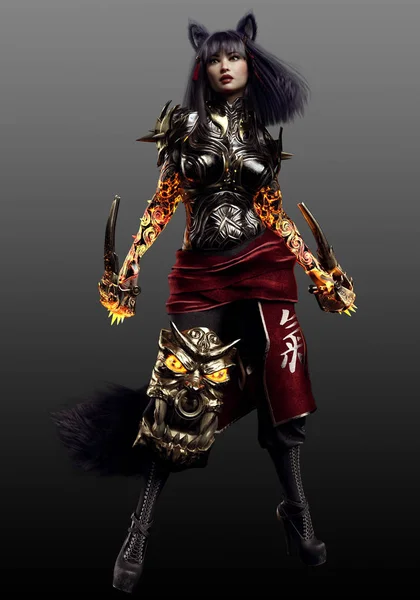 Kitsune Gumiho Fox Woman Warrior Φαντασία Sci — Φωτογραφία Αρχείου