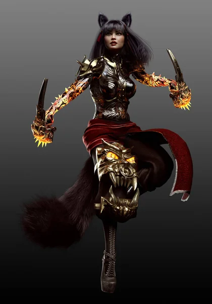 Kitsune Gumiho Fox Woman Warrior Fantasy Sci — Stok Foto