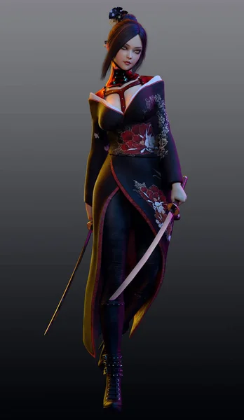 Çift Katanalı Cgi Fantezi Anime Samuray Kız — Stok fotoğraf