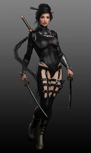 Sexy Fantascienza Cyberpunk Samurai Warrior Con Katanas — Foto Stock