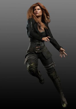 Kızıl Saçlı Fantezi Büyücüsü veya Siyah Deri Giyen Savaşçı