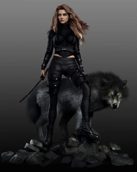 Mulher Fantasia Urbana Com Cgi Wolf — Fotografia de Stock