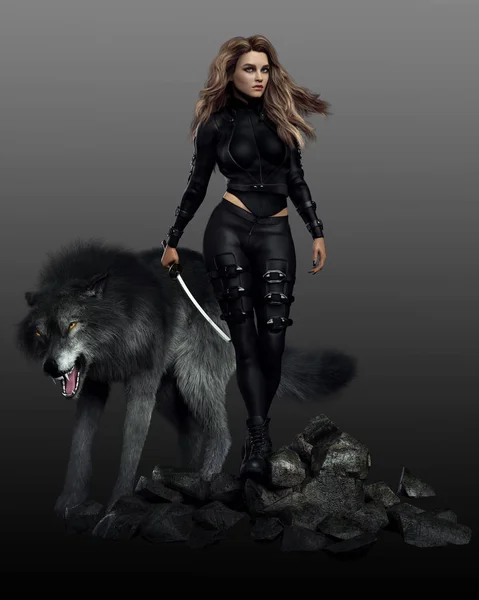 Mulher Fantasia Urbana Com Cgi Wolf — Fotografia de Stock