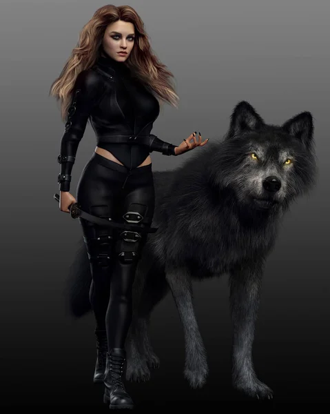 Mujer Fantasía Urbana Con Lobo Cgi — Foto de Stock