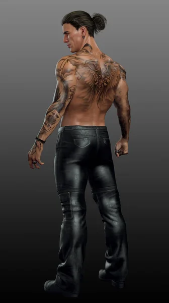 Older Shirtless Man Tattoos Black Jeans Urban Fantasy — Stock Photo, Image