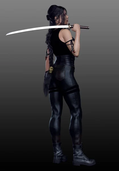 Sci Urban Fantasy Woman Black Leather Katana Sword — 스톡 사진