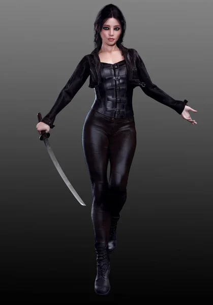 Sci Urban Fantasy Donna Pelle Nera Con Spada Katana — Foto Stock