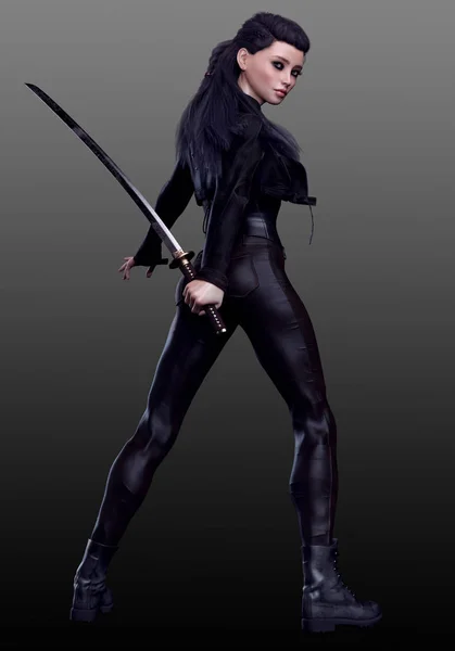 Sci Urban Fantasy Mujer Cuero Negro Con Espada Katana —  Fotos de Stock