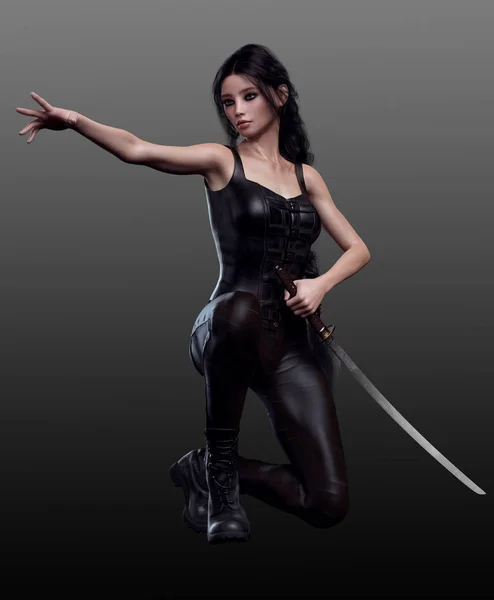 Sci Urban Fantasy Donna Pelle Nera Con Spada Katana — Foto Stock