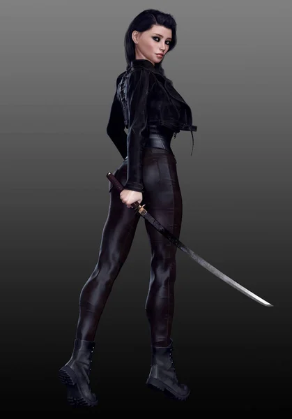 Sci Urban Fantasy Woman Black Leather Katana Sword — 스톡 사진