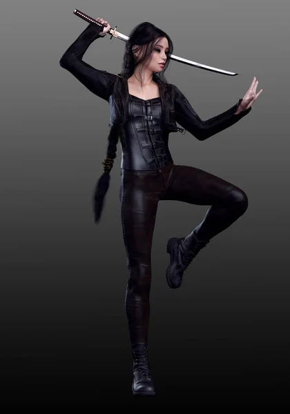 Sci Urban Fantasy Donna Pelle Nera Con Spada Katana — Foto Stock