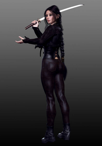 Sci Fi or Urban Fantasy Woman in Black Leather with Katana Sword