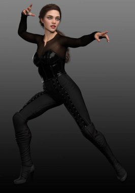 Siyah Deri Giyen Siyah Saçlı Şehir Fantezisi Kadın Büyücüsü