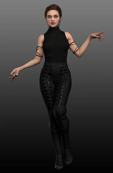 Urban Fantasy Woman Mage in Black Leather with Braided Hair