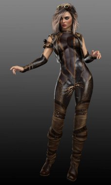 Deri Giysili Steampunk Kadın Düellocu