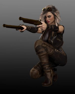 Deri Giysili Steampunk Kadın Düellocu